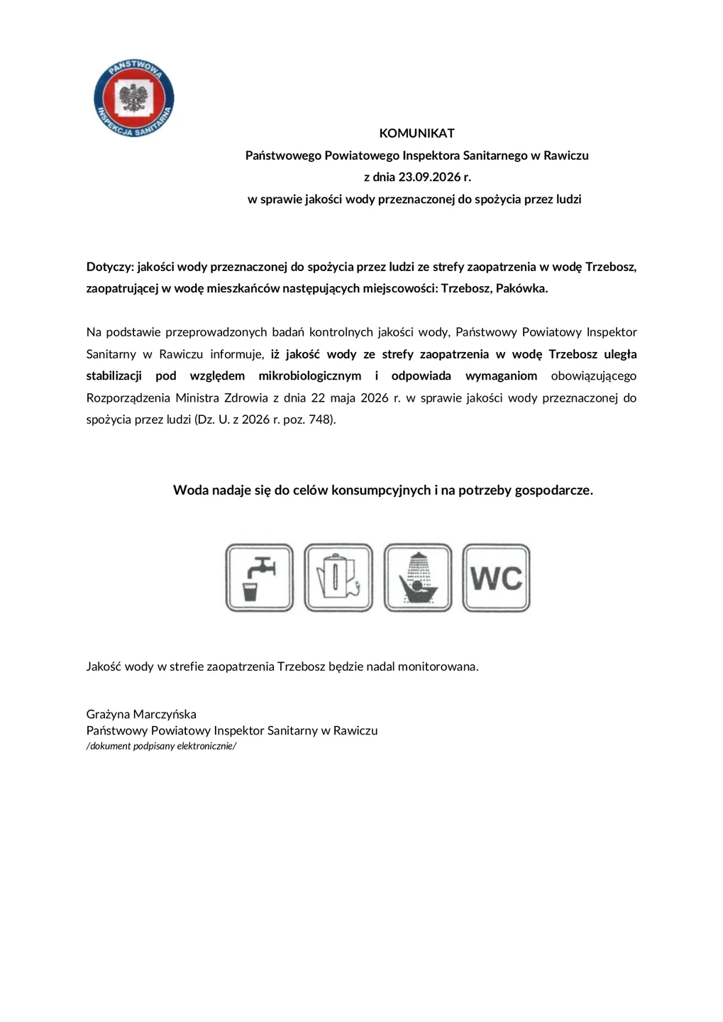 Komunikat sanepidu ws. jakości wody w Trzeboszu i Pakówce