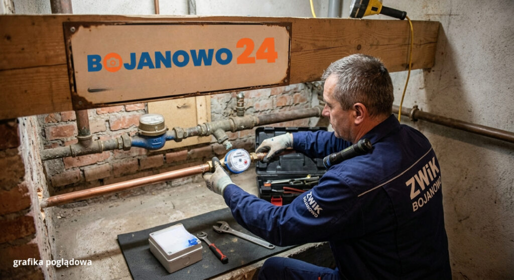 Pracownik ZWiK wymienia wodomierz główny w Czechnowie